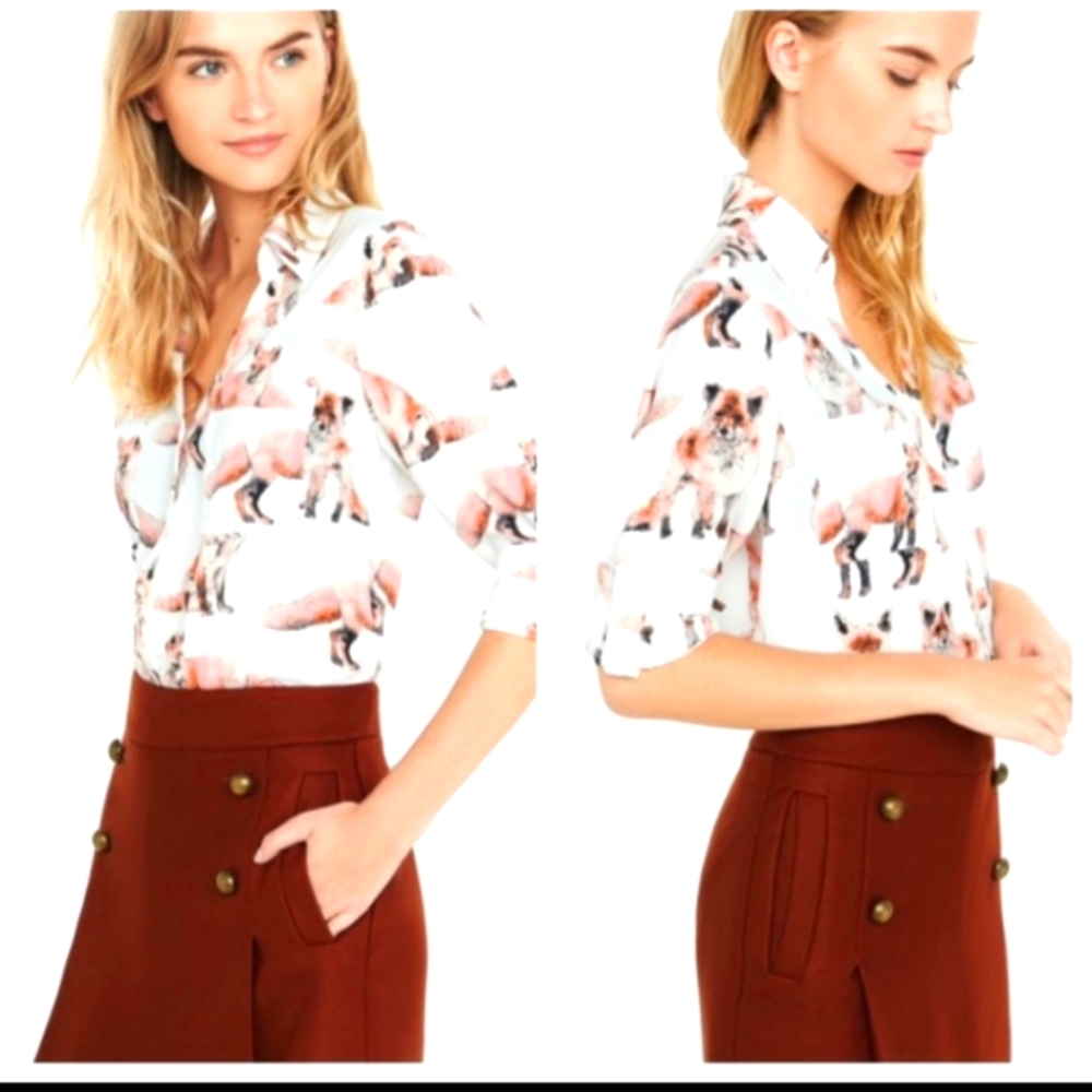 RARE Express Portofino Fox Print Blouse Sz. LARGE